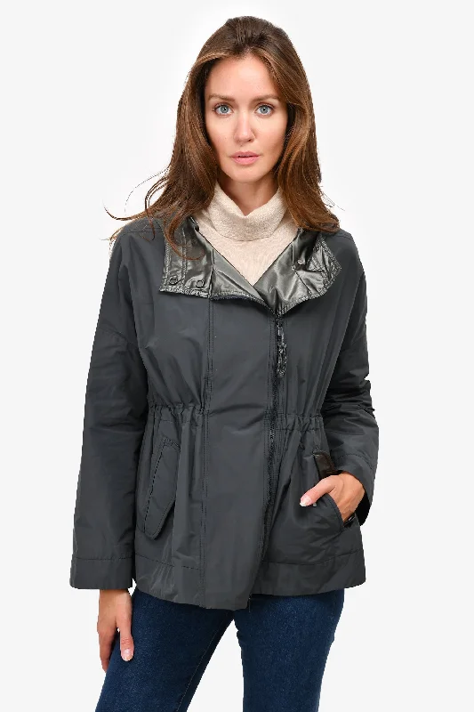 Women's Vintage Clothes Brunello Cucinelli Grey Nylon Hooded Drawstring Waist Jacket Size 38