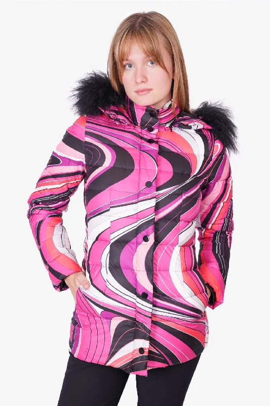 Women's Elegant Clothing Sets Emilio Pucci Pink/Black Patterned Puffer Jacket with Fur Size 36