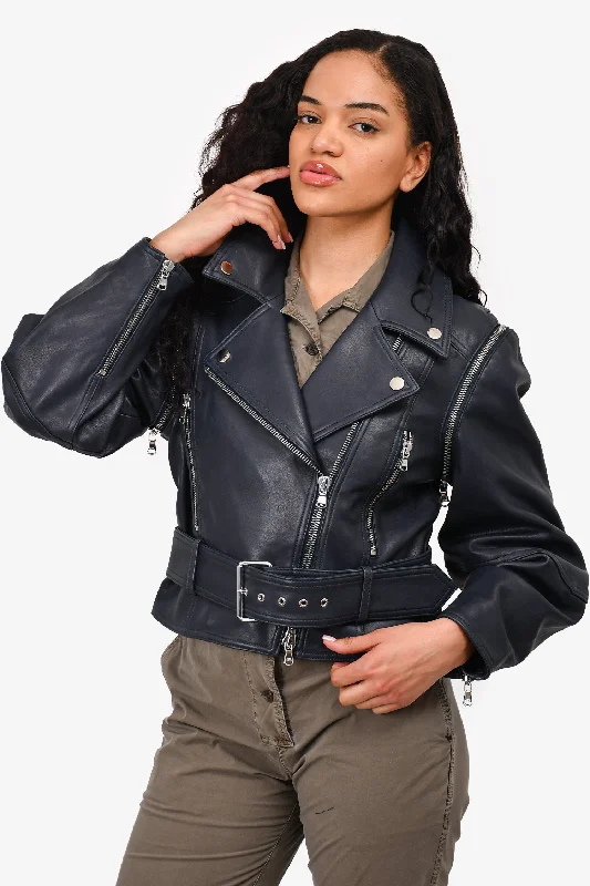 Affordable Fashion Clothing For Women Veronica Beard Blue 'Dylan' Leather Jacket with Detachable Sleeves Size 14 Affordable Fashion Clothing For Women Veronica Beard Blue 'Dylan' Leather Jacket with Detachable Sleeves Size 14