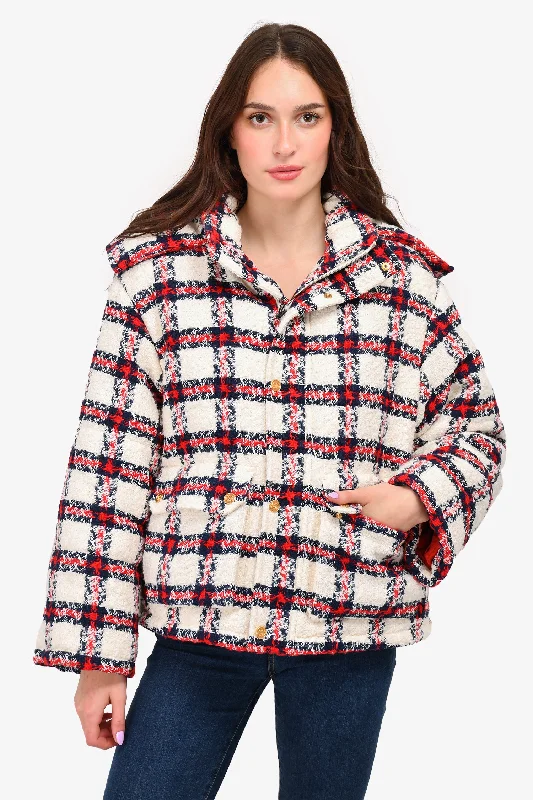 Comfortable Lounge Clothing Gucci 2021 White/Navy/Red Checked Hooded Padded Jacket Size 40