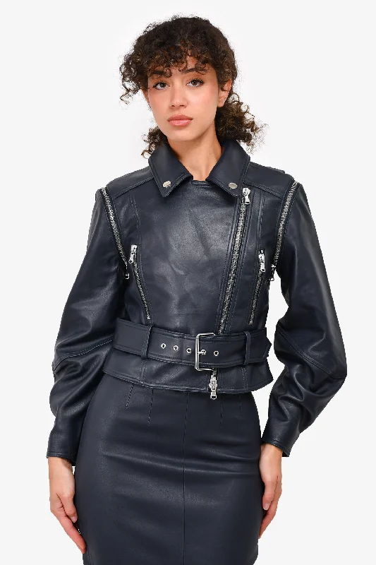 Huge Fashion Markdowns – Update Your Closet Now Veronica Beard Blue 'Dylan' Leather Jacket with Detachable Sleeves Size 0