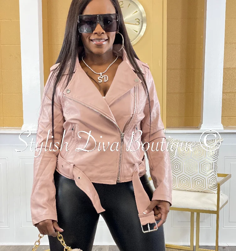High-End Fashion, Low-End Prices – Sale Happening Now Biker Girl Belted Moto Jacket (Blush Pink)
