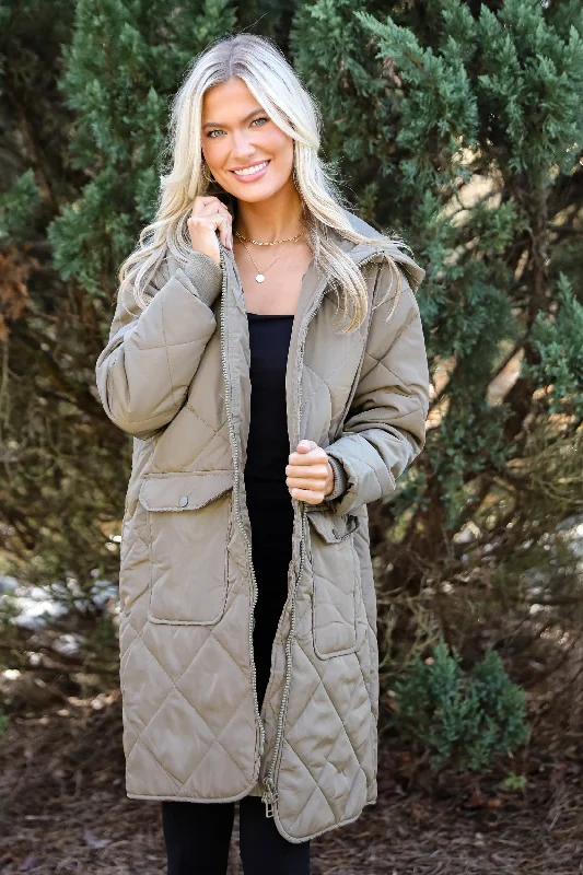 Women's Fashion-Forward Apparel FINAL SALE - Elevated Season Olive Quilted Longline Hooded Jacket