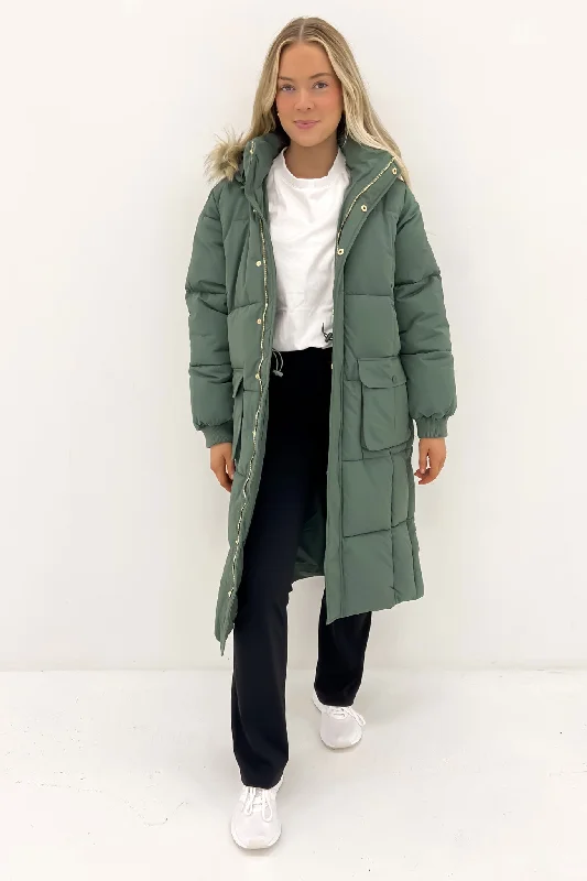 Casual Chic Clothing For Women Active Fur Longline Puffer Green