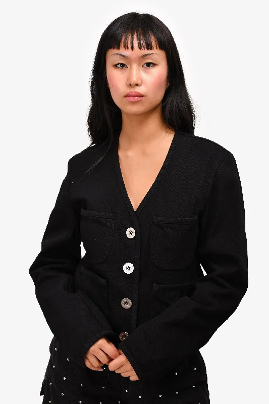 Women's Clothes For The Office Low Classic Black Denim 'Pocket' Short Jacket Size L