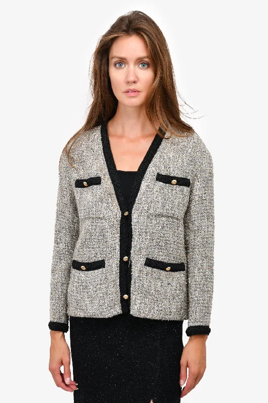 Women's Clothes For Special Occasions Maje Silver Metallic 4 Pocket Tweed Jacket Size 38