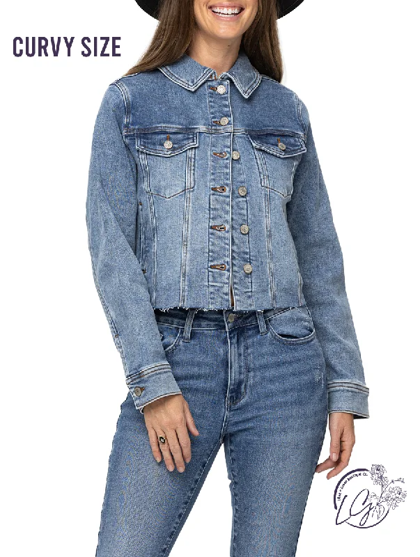 Vintage-Inspired Women's Apparel Curvy Aubree Denim Jacket w/ Howdy Embroidery by Judy Blue