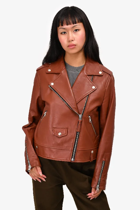 Women's Seasonal Clothing Mackage Brown Leather Motorcycle Jacket Size L