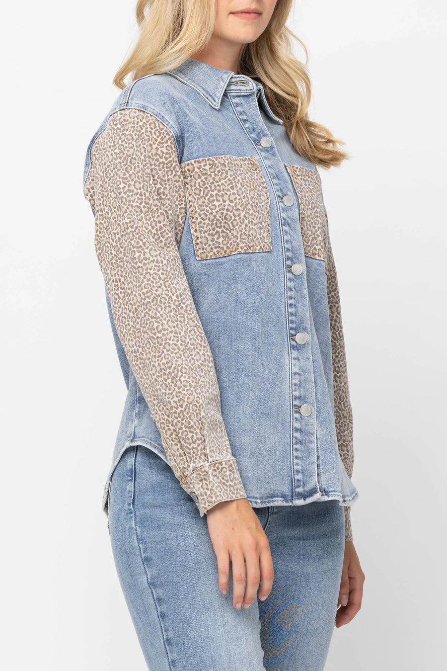 Women's Apparel Curvy Corine Cheetah Print Denim Jacket by Judy Blue