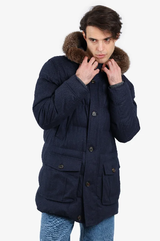 Casual Chic Clothing For Women Brunello Cucinelli Navy Puff Jacket with Fur Line Hood Size XL Mens