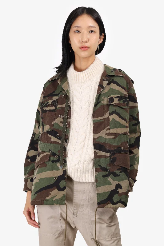 Women's Romantic Outfit Saint Laurent Camouflage Green Love Embroidered Parka Jacket Size X-Small