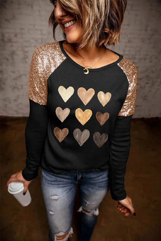 Modern Women's Wardrobe Essentials Contrast Sequin Heart Graphic Raglan Sleeve Top