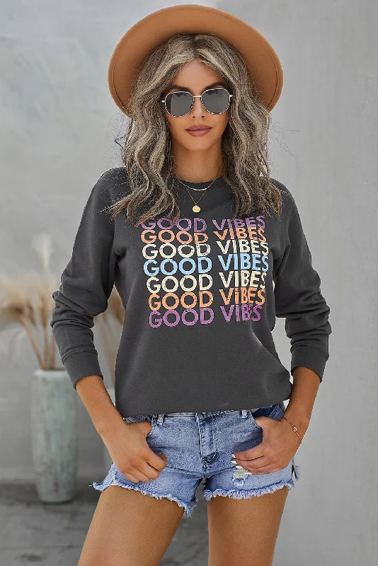 Chic Wardrobe Essentials GOOD VIBES Graphic Sweatshirt