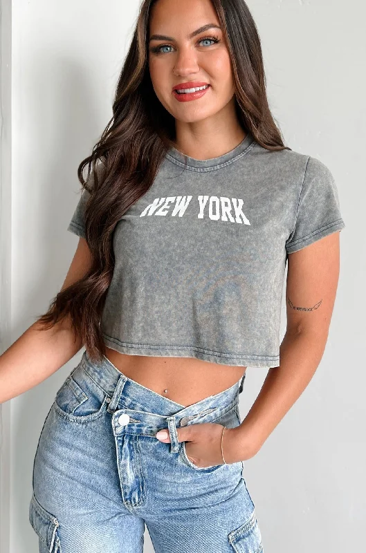Trendy Women's Apparel New York Niceties Graphic Crop Tee (Washed Navy)