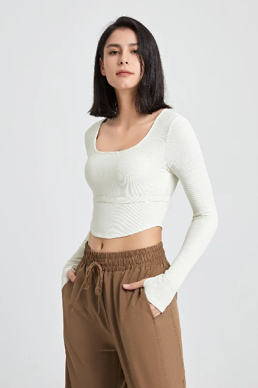 Women's Clothes For Special Occasions Ribbed Long Sleeve Crop Shirts with Built In Bra