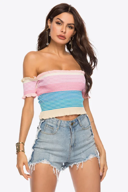 Chic Style, Always In Vogue Striped Off-Shoulder Frill Hem Knit Top