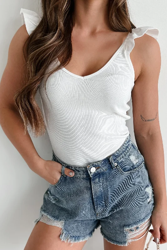 Glamorous Evening Wear Stylish Appeal Ruffle Tank Top (White)