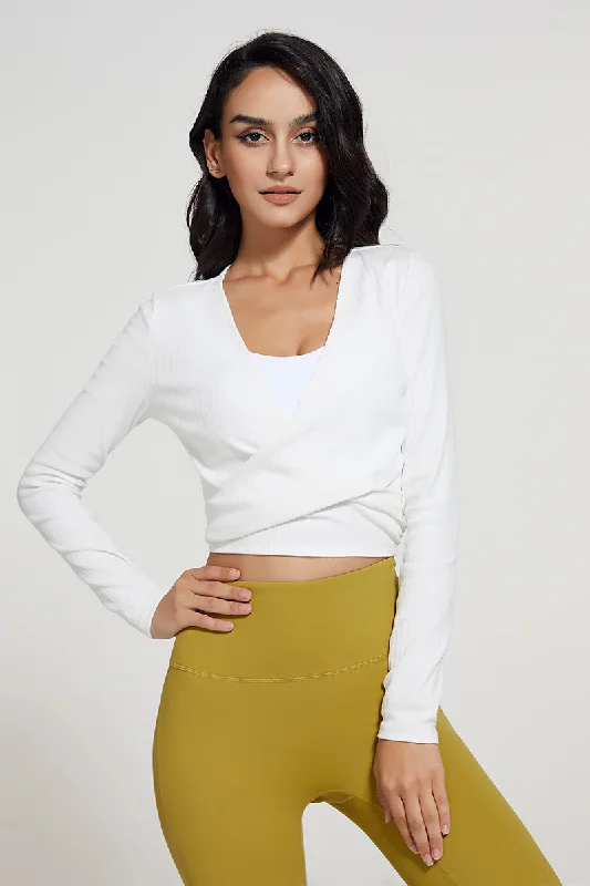Chic Casual Style Ribbed V-neck Bandage Wrap Blouse Crop Top