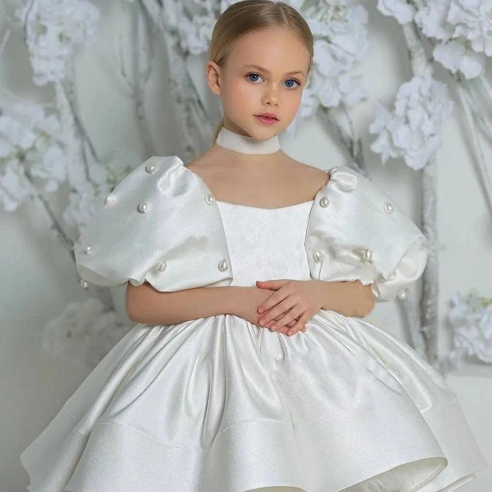 Women's Clothing For Holiday Travel Flower Girl Dress: Scoop Neck, Short Sleeves, Puff Skirt - Ideal for Wedding, Kids' Christmas Ceremonies, and Parties