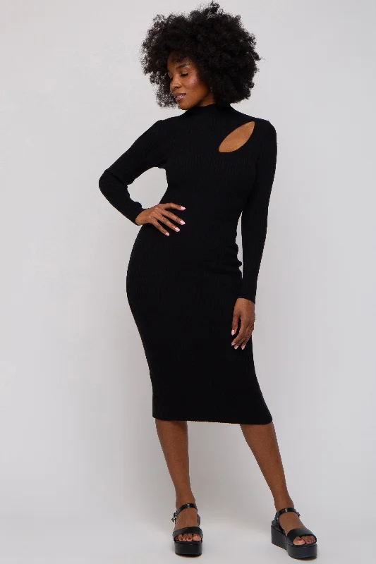 Women's Vintage Clothes Black Cutout Fitted Knit Dress