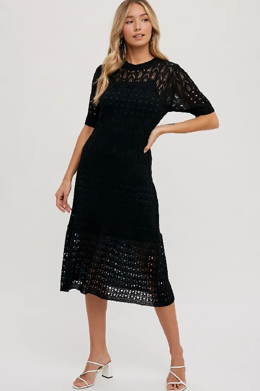 Chic Clothes For Women Black Open Knit Crochet Midi Dress