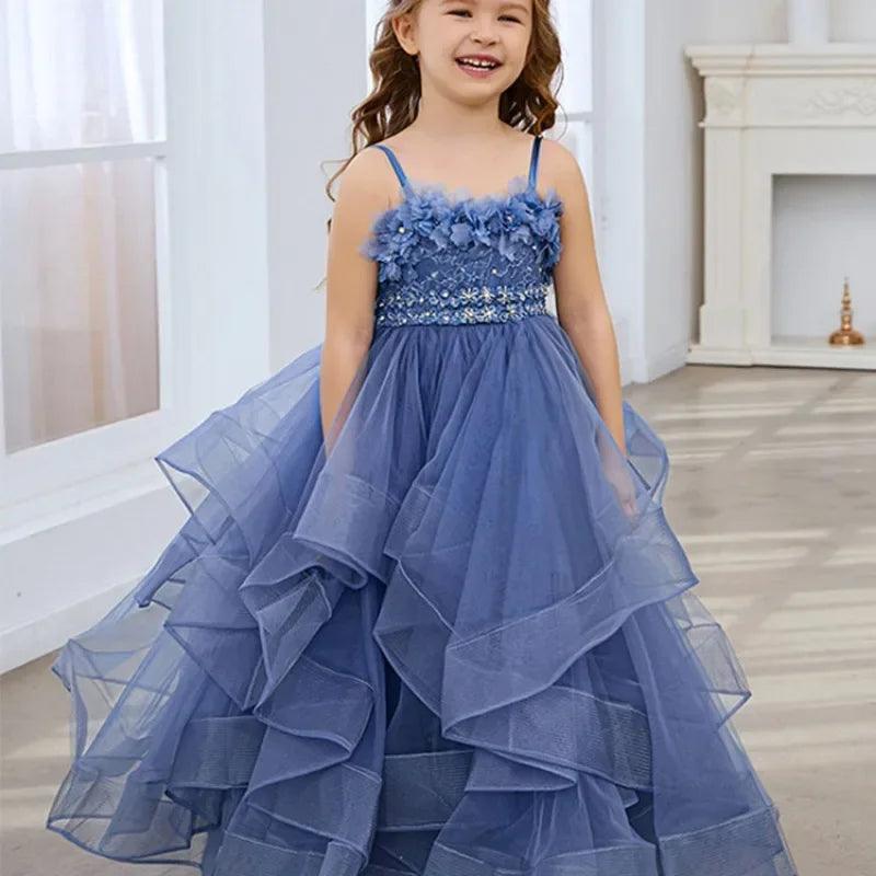 Women's High-Fashion Clothes Blue Lace Flower Girl Dress - Fluffy Tulle, Spaghetti Straps, Kids Wedding Bridesmaid & Birthday Party Outfit