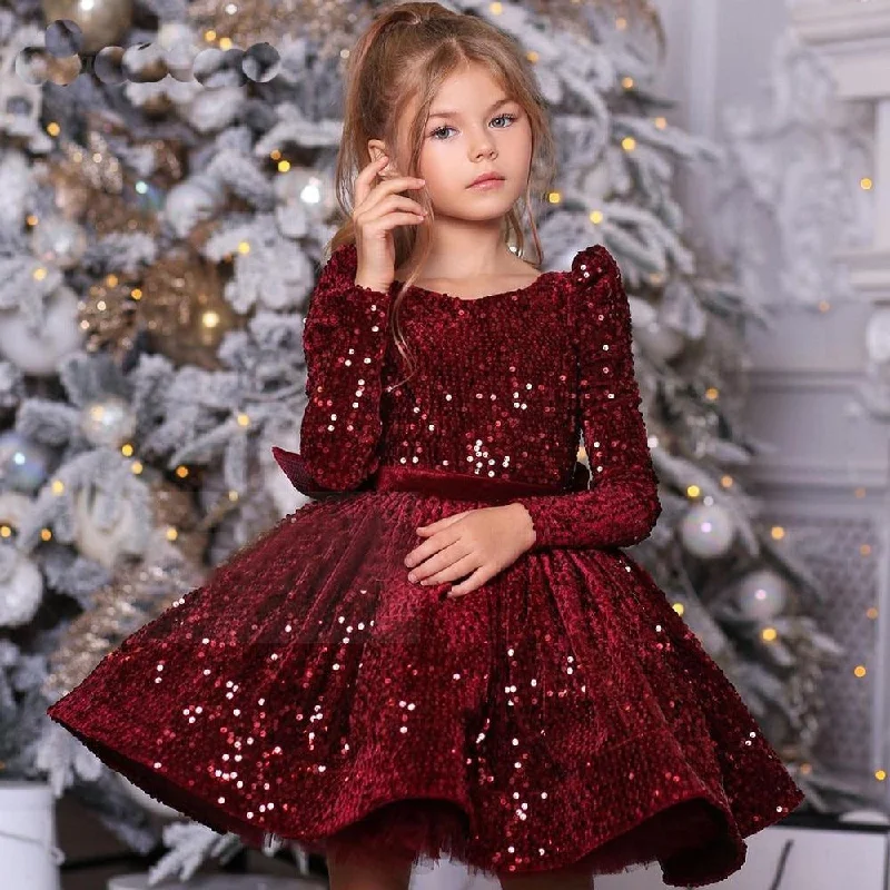 Women's Clothing Sequin Burgundy Velvet Girls Knee-Length Dress – Perfect for Christmas Celebrations and Holiday Photoshoots