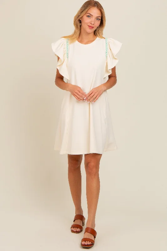 Timeless Women's Clothing Cream Embroidered Ruffle Sleeve Dress