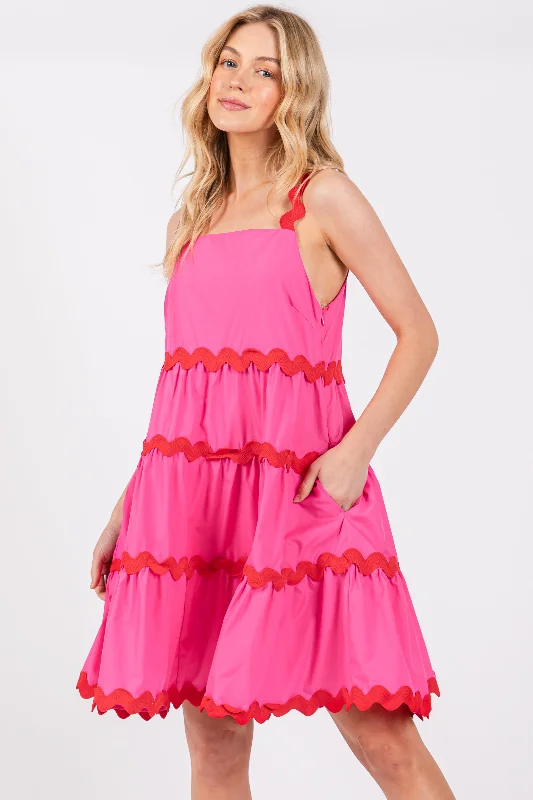 Women's Holiday Clothes Fuchsia Contrast Trim Tiered Dress