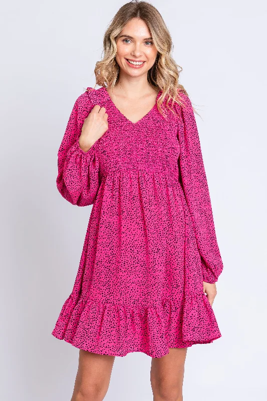 Chic Clothes For Women Fuchsia Dot Print Long Sleeve Ruffle Dress