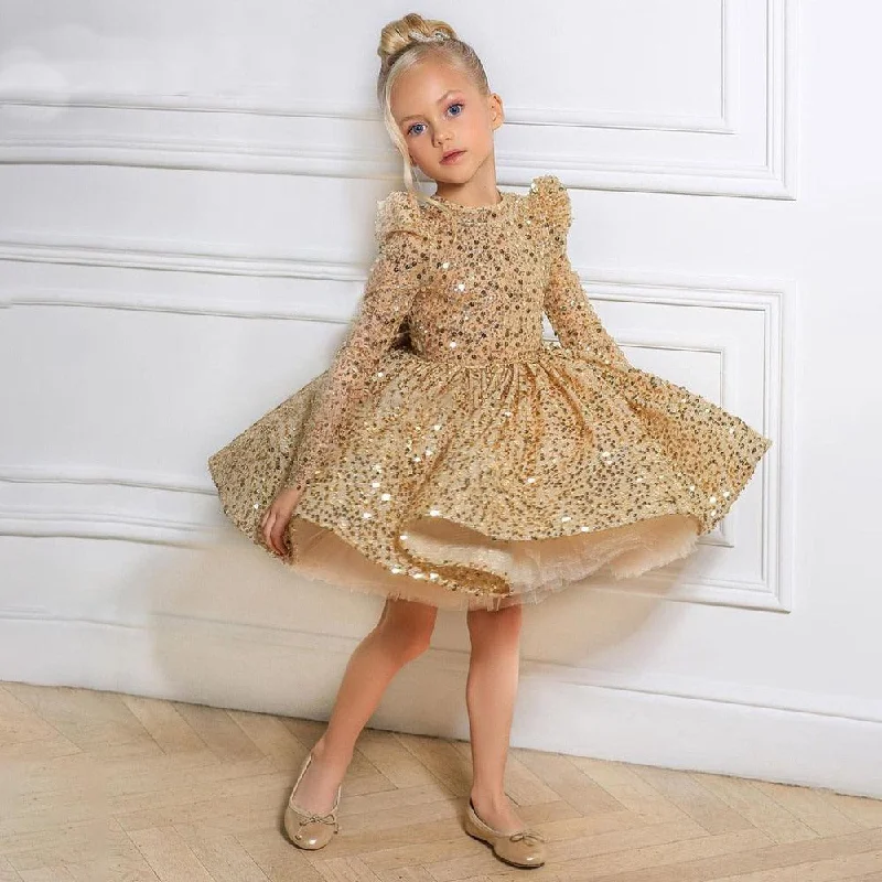 Women's Transitional Clothes Glitter Sequin Gold Flower Girl Dress