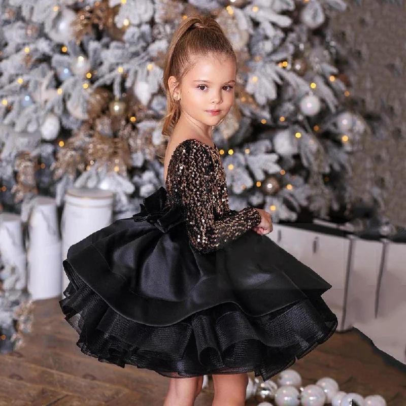 Elegant Clothing For Women Gold Sequin Long Sleeves Backless Scoop Neck Ruffles Flower Girl Dresses