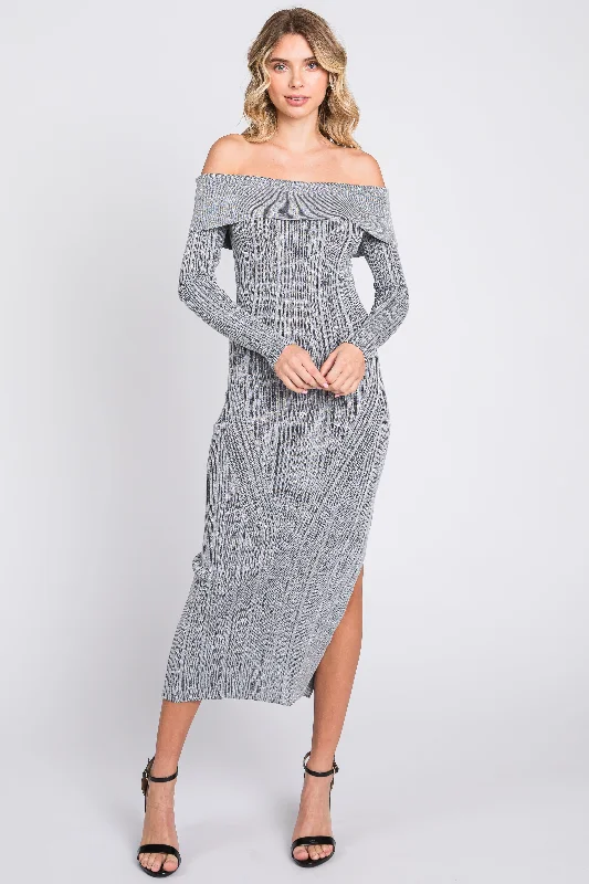 Women's Clothing With Trendy Designs Grey Metallic Ribbed Side Slit Off Shoulder Midi Dress