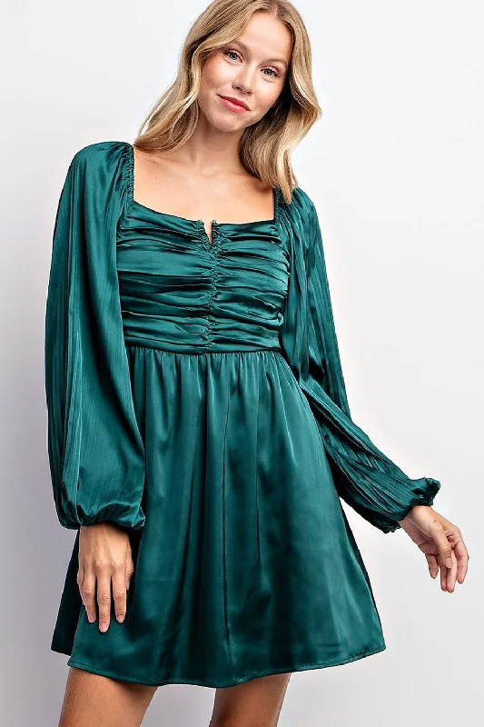 Affordable Women's Clothes Hunter Green Pleated Bubble Sleeve Satin Mini Dress