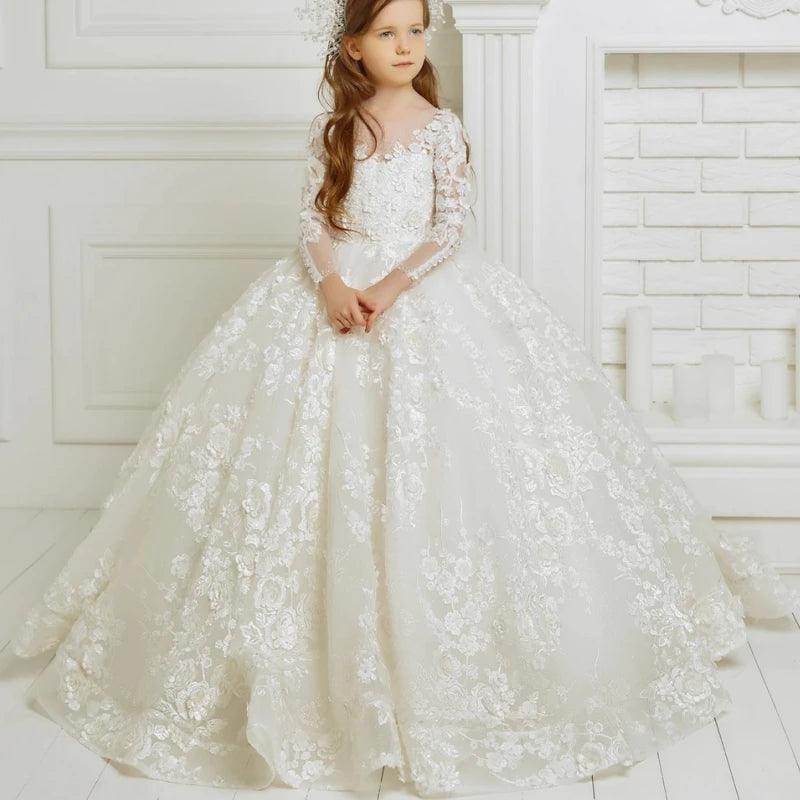 Women's Night-Out Clothes Ivory Flower Girl Dress - Luxurious Lace & Floral Appliques, Long Sleeve, Perfect for Wedding, Prom, Party, Pageant Gowns