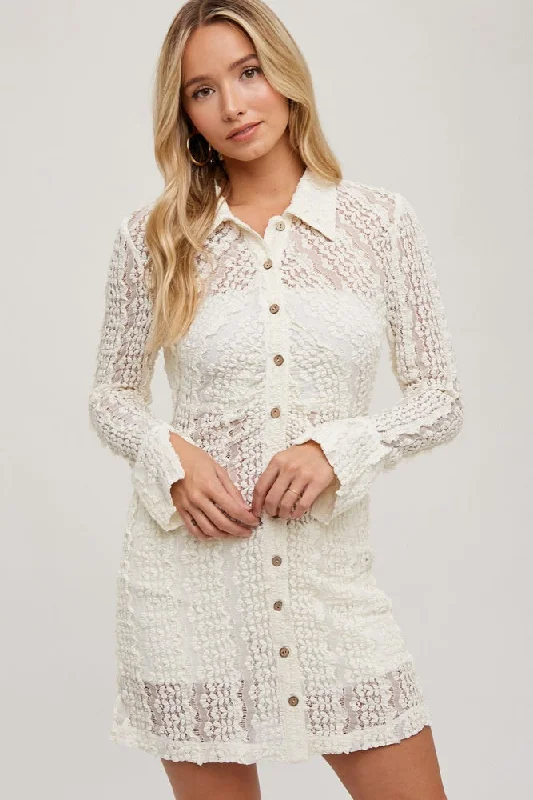 Classic Clothes For Women Ivory Lace Button Down Shirt Dress