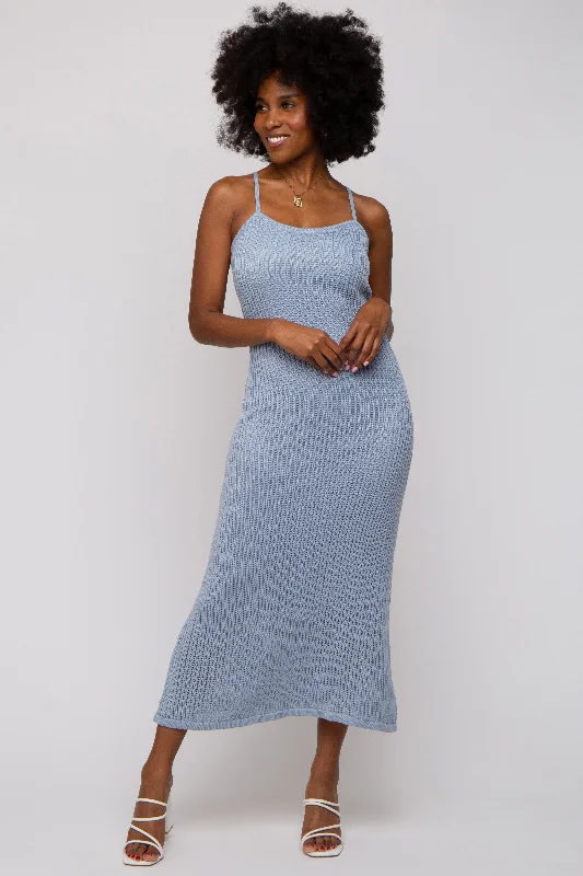 Women's Clothes For Work Events Light Blue Open Knit Crochet Midi Dress