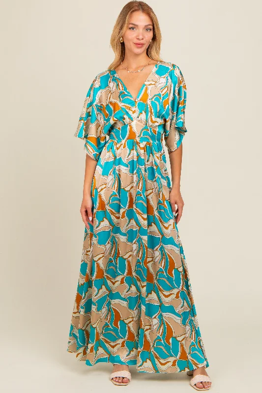 Women's Transitional Clothes Light Blue Printed Deep V-Neck Maxi Dress