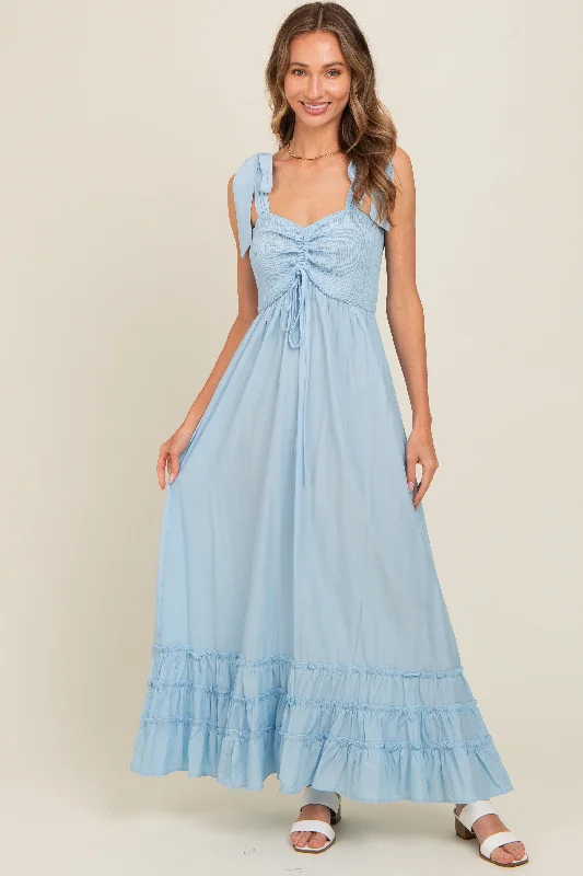 Women's Active Clothing Light Blue Sweetheart Neck Smocked Shoulder Tie Maxi Dress