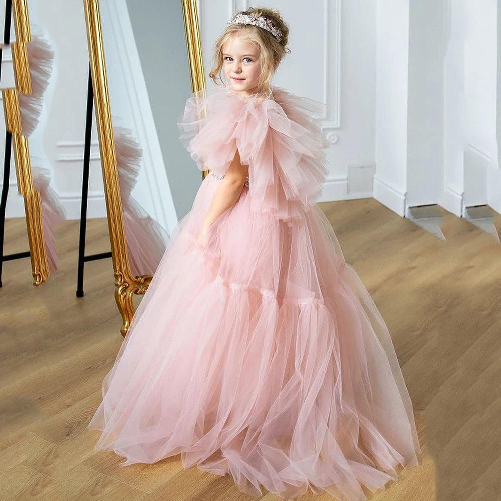 Women's Clothing For Everyday Wear Light Pink Feather Flower Girl Dress - Tulle Puffy V-Back Princess Gown for Wedding, Birthday, First Communion