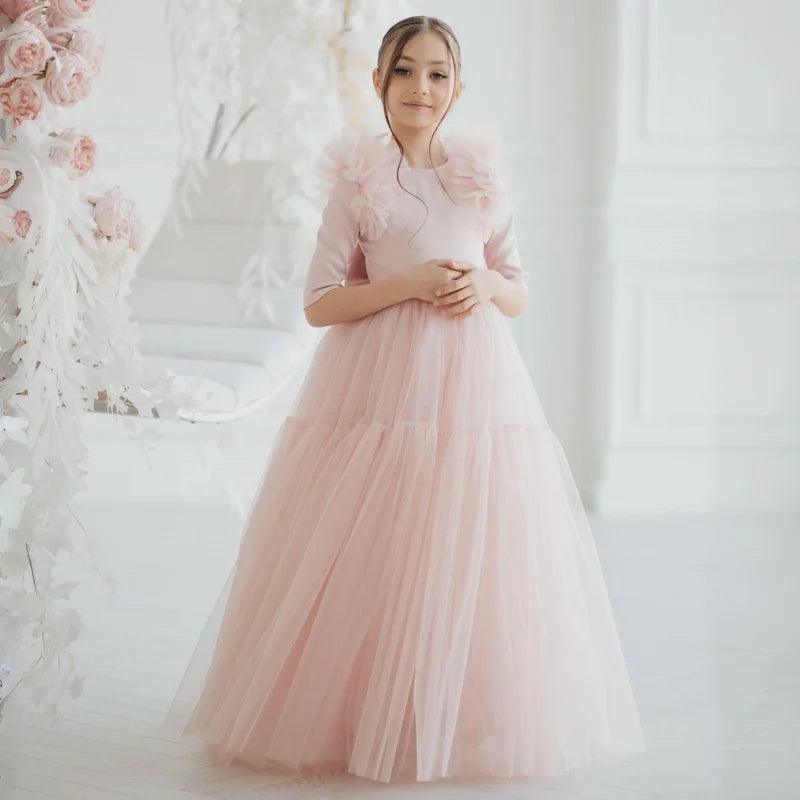 Affordable Trendy Clothes For Women Light Pink  Flower Girl Dresses Tulle With Bow Half Sleeve For Wedding Birthday Party Banquet Princess Gowns