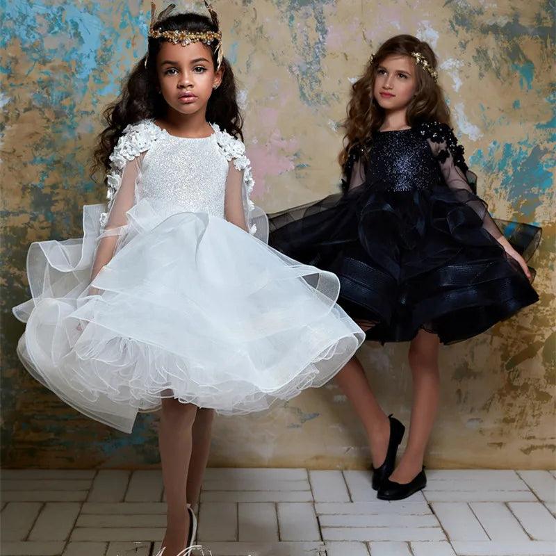 Stylish Women's Clothing Long Sleeve Sequin Flower Girl Dress with 3D Floral Appliques - Jewel Neck, Tulle, Knee-Length Party & Pageant Gown