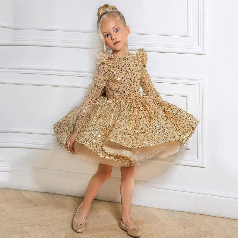 Affordable Trendy Clothes For Women Luxury Long Sleeves Puffy Gold Sequin Flower Girl Dresses