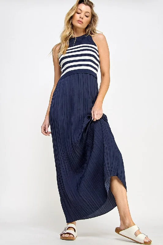 Women's Holiday Clothing Navy Striped Contrast Knit Pleated Maxi Dress