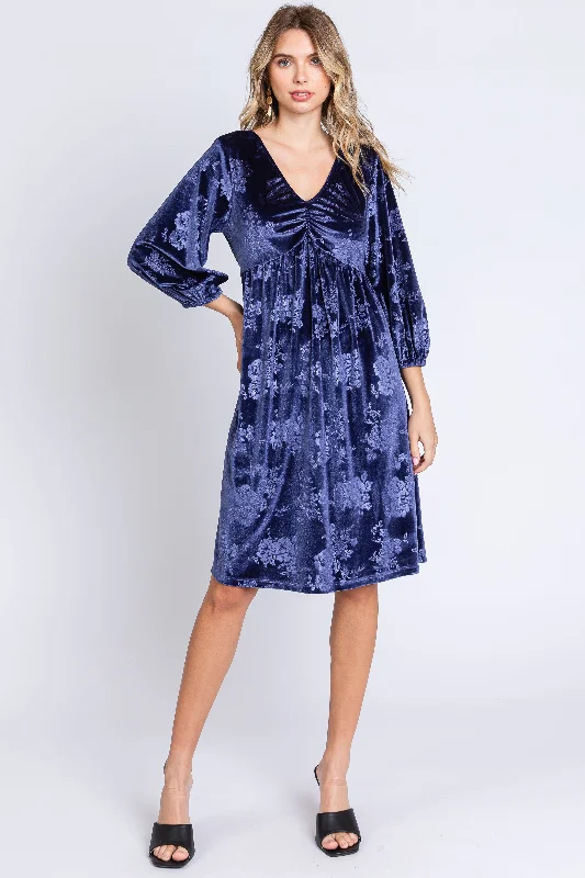 Women's Elegant Clothes Navy Velvet Floral Ruched Neck Dress