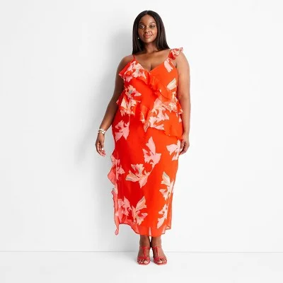 Effortless Chic for Women Open Box - Women's Ruffle Ankle Length Dress - Future Collective with Jenee Naylor Red Floral 1X Effortless Chic for Women Open Box - Women's Ruffle Ankle Length Dress - Future Collective with Jenee Naylor Red Floral 1X