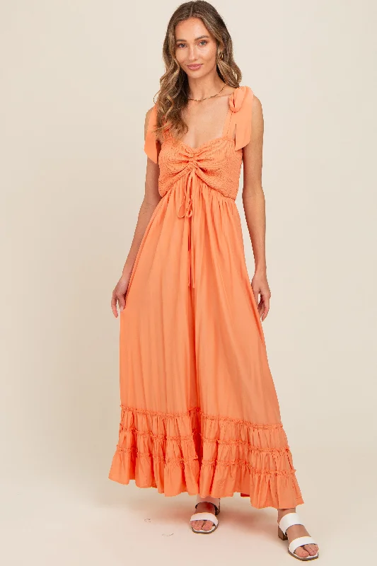 Women's Holiday Clothes Orange Sweetheart Neck Smocked Shoulder Tie Maxi Dress