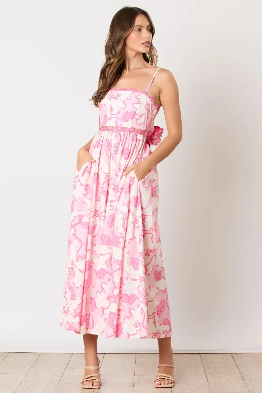 Women's Office Clothing Pink Floral Wave Trim Back Tie Midi Dress