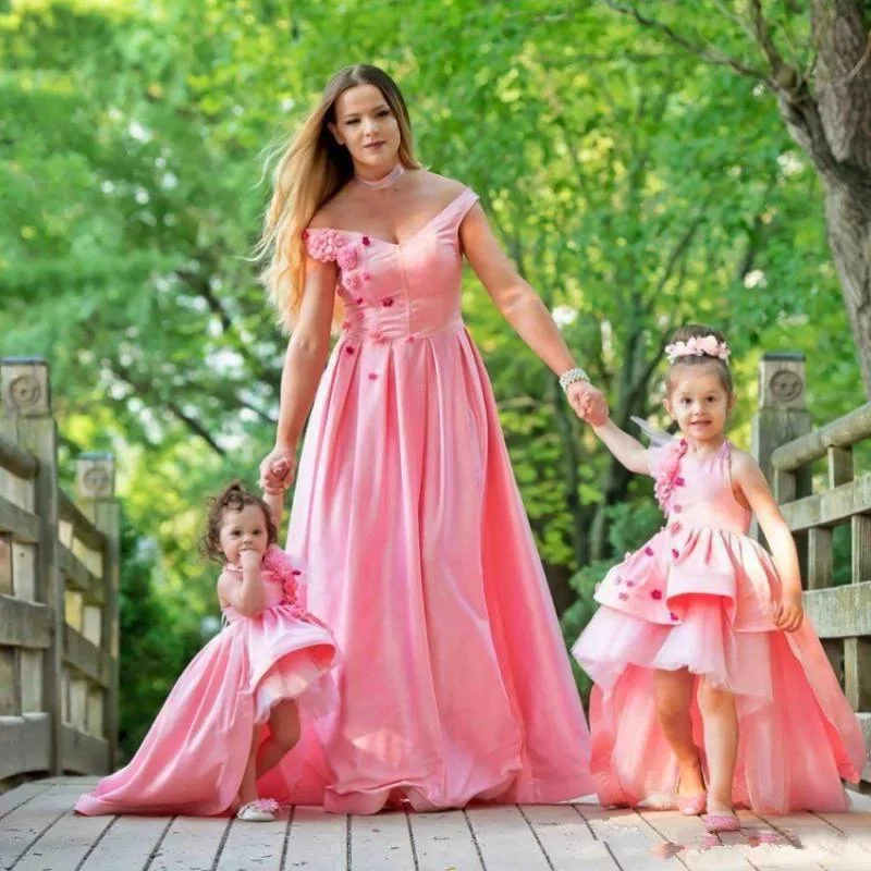 Women's Athletic Clothes Pink High Low Mother Daughter Flower Girl Dresses