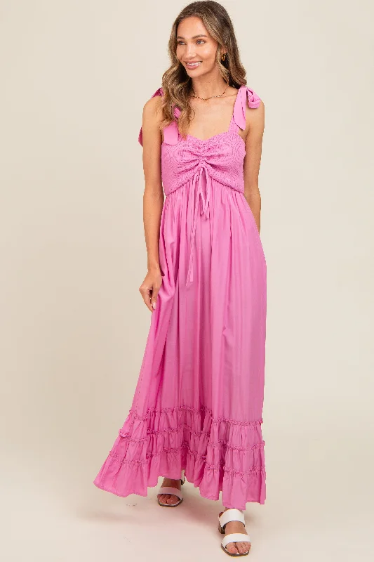 Women's Seasonal Clothes Pink Sweetheart Neck Smocked Shoulder Tie Maxi Dress